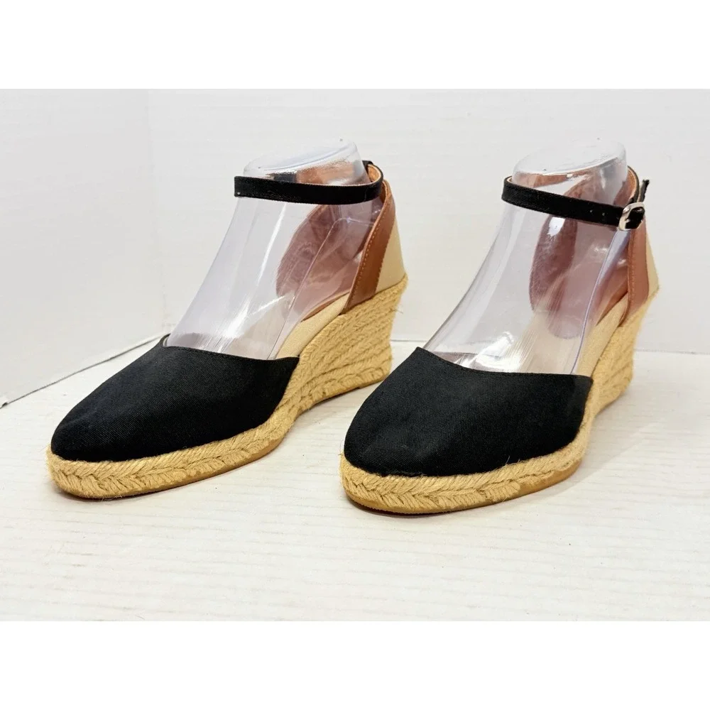 Brooks Brothers Womens US 7.5 Black Canvas Espadrille Wedge Ankle Strap